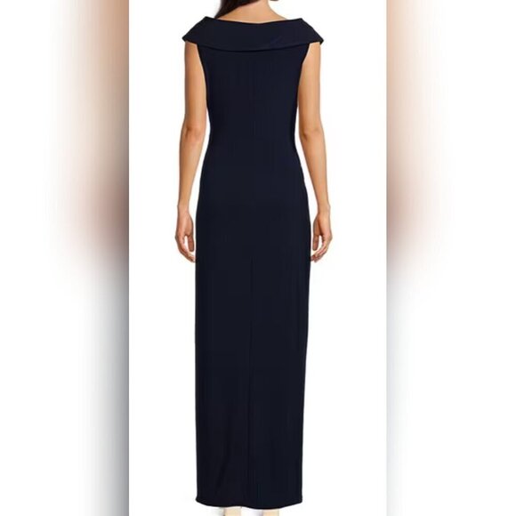 Lauren Ralph Lauren Navy Blue Portrait Collar Cap Sleeve Crepe Sheath Gown - Picture 3 of 9